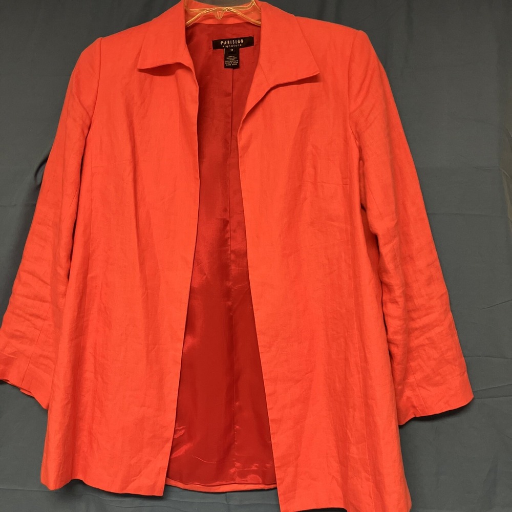 Parisian Signature Women's 3/4 Sleeve Linen Jacket Size 10 Coral Orange Lined